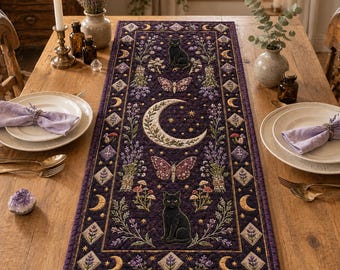 Celestial Moon Black Cat Quilted Table Runner, Witchy Lavender Cottagecore Decor