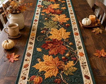 Quilted Maple Leaf Table Runner, Autumn Pumpkin Thanksgiving Decor, Cottagecore Quilt