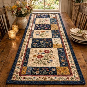 Gewatteerde tafelloper met bloemen patchwork, decor landhuis boerderij