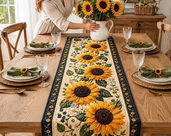 Caminho de mesa acolchoado com girassóis, decoração floral botânica de verão para sala de jantar estilo casa de campo.