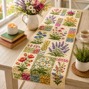 Patchwork gewatteerde tafelloper met bloemen, decor lavendel madeliefje Cottage