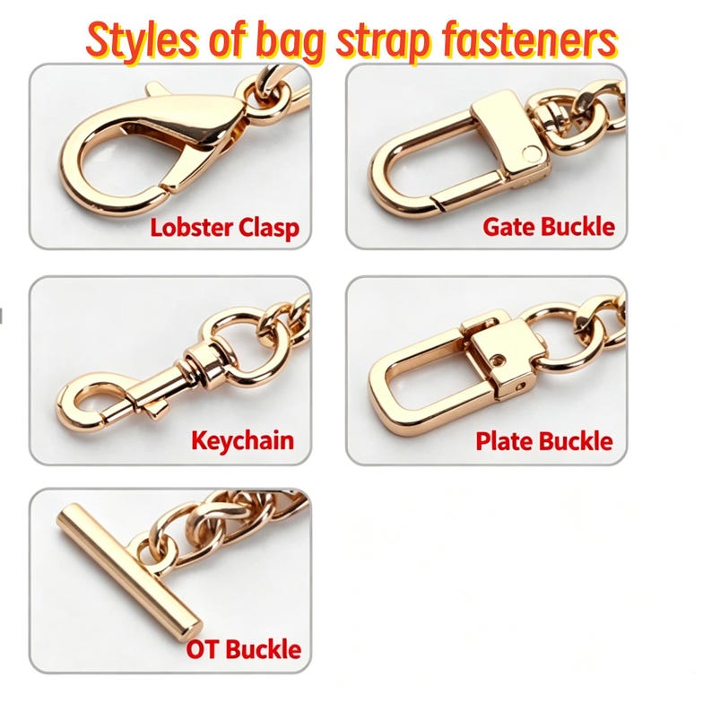May include: A collection of gold-toned metal bag strap fasteners labeled Styles of bag strap fasteners, including a Lobster Clasp, Gate Buckle, Keychain, Plate Buckle, and OT Buckle, each attached to a chain link segment for hardware reference.