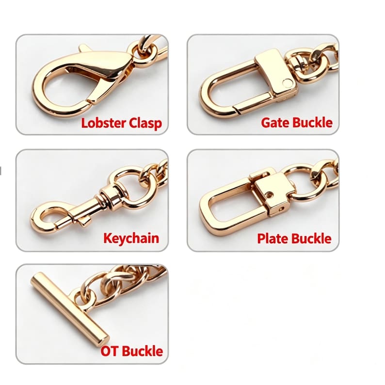 May include: A collection of gold-toned metal hardware components including a lobster clasp, gate buckle, keychain, plate buckle, and OT buckle. Each item is displayed in an individual frame with its corresponding name printed in red text below.