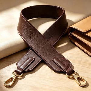 May include: A wide, dark brown bag strap with a textured surface and tonal stitching. The strap features two gold-toned metal lobster claw clasps at the ends, allowing for attachment to a handbag. The design is simple, functional, and durable.