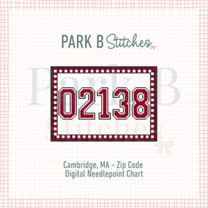 May include: A digital needlepoint chart displaying the zip code 02138 in a red and white pixelated design. The zip code is framed by a black and red checkered border, with the text "Cambridge, MA - Zip Code" below.