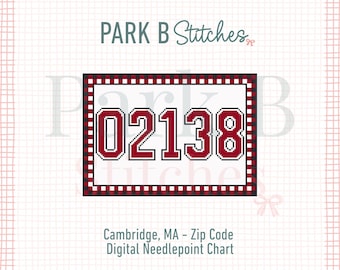 Cambridge, MA 02138 Needlepoint Chart | College Zip Code Gingham Pattern | 18 Mesh Graduation Gift