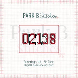May include: Digital needlepoint chart displaying the zip code 02138 in a bold, collegiate-style font. The numbers are red with a white outline, set against a white background within a red border. The text "Cambridge, MA" is also included.