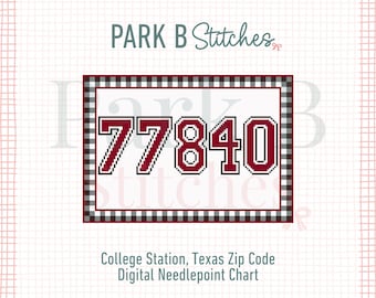 College Station Zip Code Needlepoint Chart | 77840 Gingham Frame Pattern | 18ct Mesh Graduation Gift