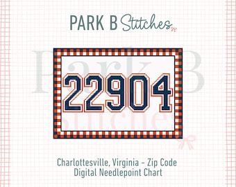 Charlottesville, Virginia 22904 Needlepoint Chart | College Zip Code Gingham Pattern | 18 Mesh Graduation Gift