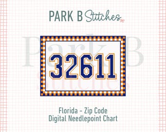 Gainesville, FL 32611 Needlepoint Chart | College Zip Code Gingham Pattern | 18 Mesh Graduation Gift