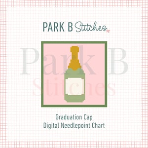 May include: Digital needlepoint chart featuring a pixelated champagne bottle design. The bottle is green with a gold top and a white label, set against a pink background within a green square. The text "Graduation Cap Digital Needlepoint Chart" is below.