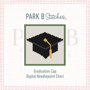 Può includere: Un grafico digitale a punto croce con un cappello di laurea pixelato nero con un nappa dorata. L'immagine è ambientata su un bordo verde chiaro e uno sfondo strutturato. Il testo in alto recita "PARK B Stitches", e in basso, "Graduation Cap Digital Needlepoint Chart."