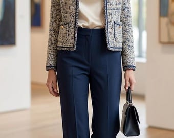 Veste courte en tweed, blazer sans col de style Chanel, élégant cardigan bouclé, blazer pour femme vintage