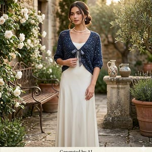 navy blue shrugs and boleros for evening dresses INSPIRE CHIC Women's Semi Sheer Open Front Elegant 3/4 Sleeves Mesh Bolero Shrug Navy Blue Medium