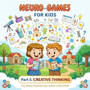 Puede incluir: Ilustración colorida para "Neuro-Games for Kids" con dos niños leyendo libros. La imagen incluye una biblioteca, una escuela e iconos educativos. El texto dice "Part 5: Creative Thinking" y "Fun Brain Activities for Smart Little Minds."