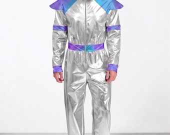 Mono de cosplay de astronauta para hombre, color plata y morado – Disfraz de traje espacial, manga larga.