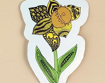 Unique Zentangle Sticker with Black and Yellow Daffodil Design - Nature Inspired