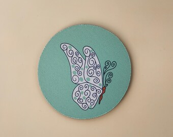 4-Inch Round Neoprene Coaster with Zentangle Butterfly Design – Green Background Sublimated Drink Coaster
