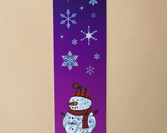 Zentangle Snowman Bookmark with Fall Snowflakes – Purple Background Winter Reading Accessory