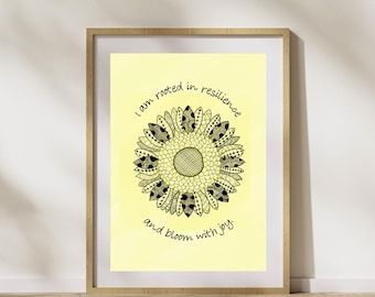Zentangle Sunflower Art Print: Inspirational Quote, Yellow Decor