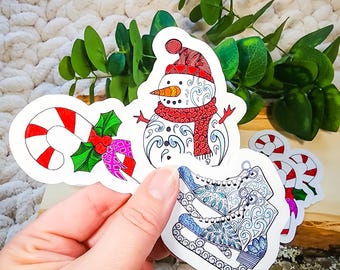 Bundle of Winter Delights: Snowman, Candy Cane, and Tangle-drawn Ice Skates Sticker Set