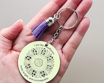 Sunflower Keychain: Zentangle Design, Inspirational Quote, Leather Tassel