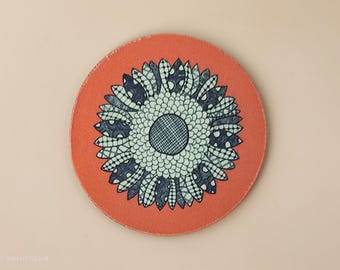 Zentangle Sunflower Design Neoprene Coaster – Dark Orange Background Sublimated Drink Coaster - 4-Inch Round
