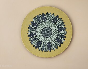 Zentangle Sunflower Design Neoprene Coaster – Yellow Background Sublimated Drink Coaster - 4-Inch Round