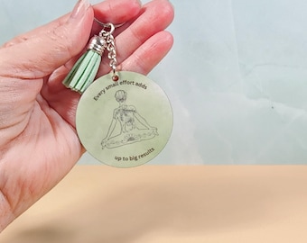 Motivational Lightweight Yoga Pose Keychain with Leather Tassel - Green