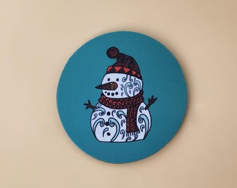 Zentangle Snowman Design Neoprene Coaster on a Green Background Sublimated Holiday Drink Coaster - 4-inch Round
