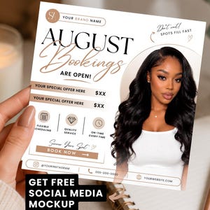 August Booking Flyer Template, Beauty Appointment Flyer, Hair Lash Nail Salon Canva Template, Editable Digital Download, Free Mockup