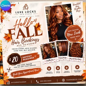 Può includere: Un volantino promozionale per Luxe Locks Hair Studio con grafiche a tema autunnale, foglie d'acero e tre fotografie di persone con capelli color mogano. Il testo include Hello Fall Hair Bookings, New Season New Look e dettagli sui servizi.