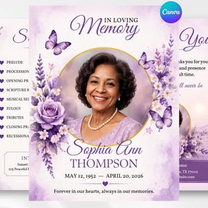 Purple Funeral Program Template, Editable Canva Memorial Booklet, Celebration of Life, Obituary Template