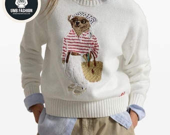 Limited Edition RL Bear Knit Sweater | Designer Bear White Crewneck Sweatshirt