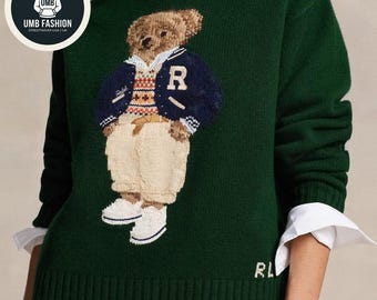 Limitierte Auflage Vintage Polo RL Bär Pullover | Grüner Strick Streetwear Pullover Pullover