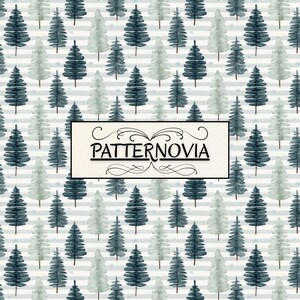 May include: A repeating pattern of watercolor-style evergreen trees in shades of dark blue and pale green, set against a background of horizontal light gray stripes. A central rectangular label features the text PATTERNOVIA in black.