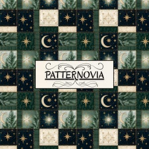 Quilted Stars and Moon Patchwork Seamless Pattern | Dark Green, Gold, and Navy Holiday Design | Digital Seamless Pattern