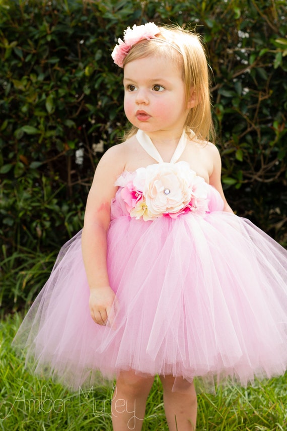 Items similar to Pink tulle tutu dress with flower bust FLOWER GIRL ...