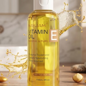 May include: A clear glass bottle of MAYJAM Vitamin E Oil with a white cap. The label includes text: "NATURAL & PURE", "D-alpha Tocopherol", and "118ml/4fl.oz.". The oil is a golden colour, with splashes around the bottle.