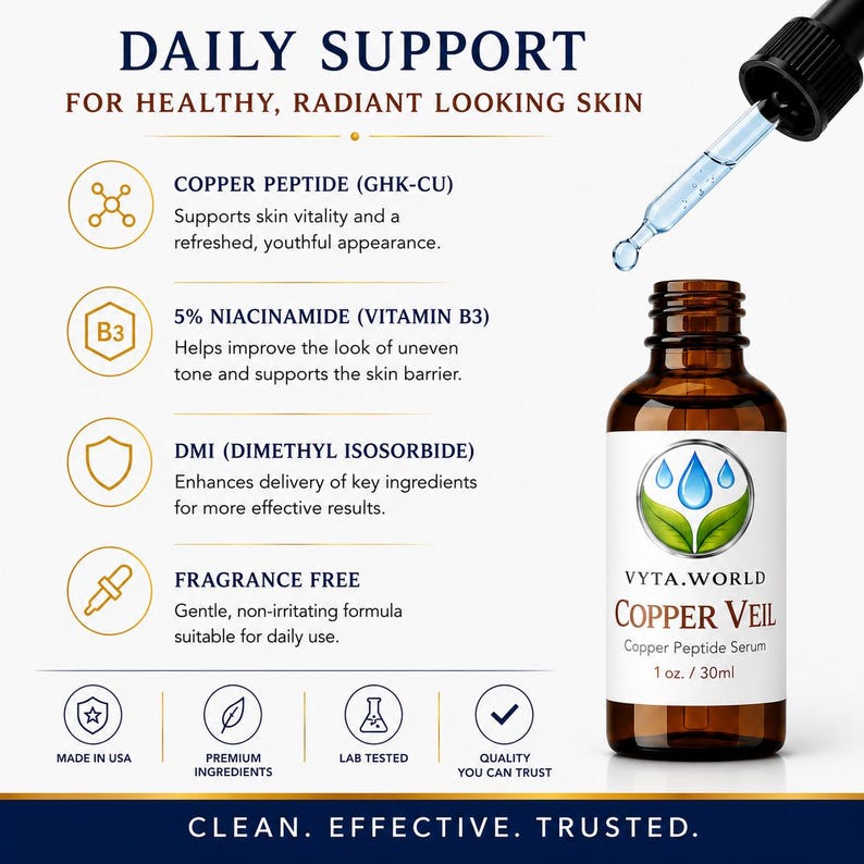 May include: An amber glass bottle of Vyta.World Copper Veil Copper Peptide Serum, 1 oz. / 30ml, with a black dropper. Text includes Daily Support, Copper Peptide, 5% Niacinamide, DMI, Fragrance Free, Made in USA, Premium Ingredients, Lab Tested.