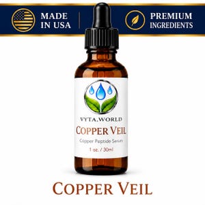 May include: A brown glass dropper bottle of Vyta.World Copper Veil Copper Peptide Serum, 1 oz. The label features a blue water drop and green leaf logo. Above the bottle, a banner displays Made in USA and Premium Ingredients text.