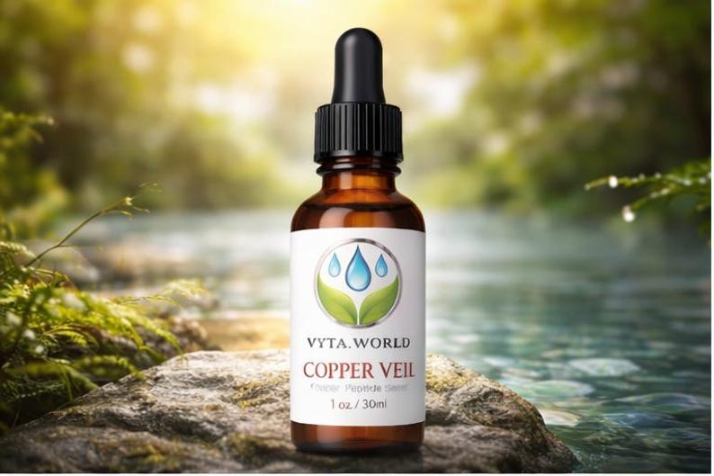 May include: An amber glass dropper bottle with a black cap and a white label. The label features a green leaf and blue water drop logo, the text VYTA.WORLD, COPPER VEIL, Copper Peptide Serum, and the volume measurement of 1 oz / 30ml.