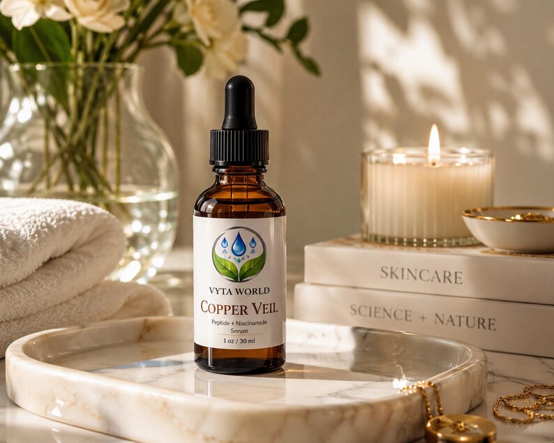 May include: An amber glass dropper bottle of Vyta World Copper Veil Peptide + Niacinamide Serum. The white label features a blue water drop and green leaf logo, with text reading 1 oz / 30 ml. The bottle has a black dropper cap and sits upright.