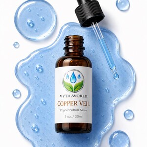 May include: An amber glass dropper bottle labeled VYTA.WORLD COPPER VEIL Copper Peptide Serum 1 oz. / 30ml. The bottle sits atop a pool of translucent blue liquid with scattered droplets, accompanied by a black-capped glass dropper filled with serum.