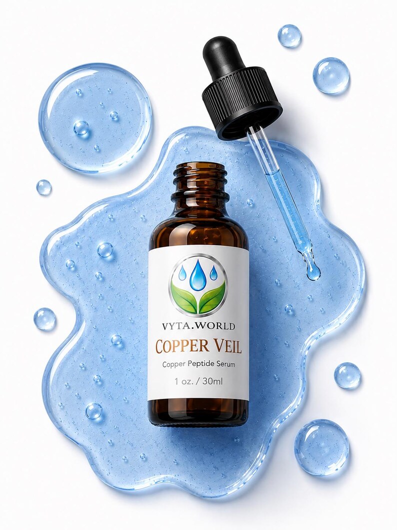May include: An amber glass dropper bottle labeled VYTA.WORLD COPPER VEIL Copper Peptide Serum 1 oz. / 30ml. The bottle sits atop a pool of translucent blue liquid with scattered droplets, accompanied by a black-capped glass dropper filled with serum.