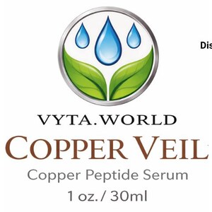 May include: A product label for VYTA.WORLD Copper Veil Copper Peptide Serum, 1 oz. / 30ml. The label features a logo with blue water droplets and green leaves, a QR code, a list of ingredients, usage instructions, and a small American flag icon.
