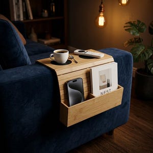 Peut inclure: Un plateau de bras de canapé en bambou avec un porte-gobelet, un support de télécommande et un porte-revues. Une tasse à café blanche, une cuillère et une télécommande sont sur le plateau. Un smartphone noir et un magazine avec le mot "NEST" sont dans le compartiment de rangement.