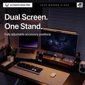 Peut inclure: Un bureau moderne avec un support d'écran double. Le support accueille un ordinateur portable, un moniteur, un clavier, une souris et des accessoires. Le texte indique "Dual Screen. One Stand. Fully adjustable accessory positions."