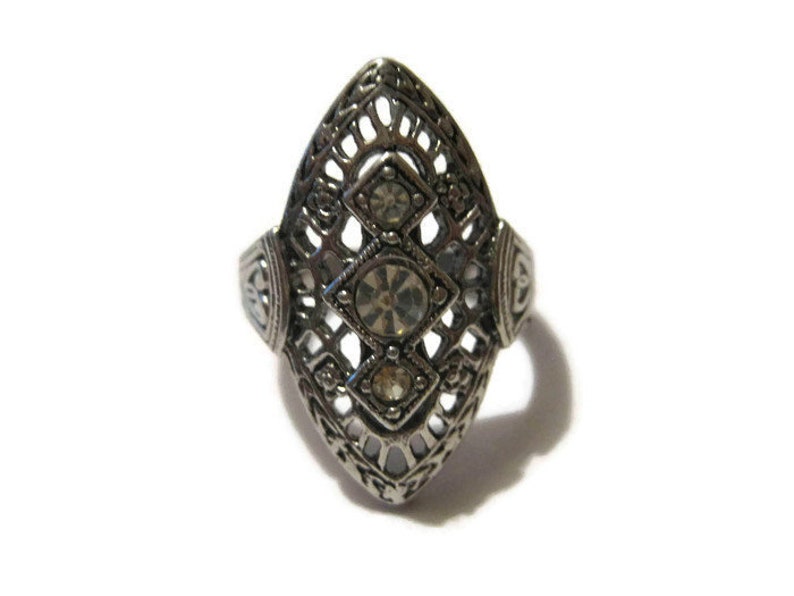 Vintage Silver Tone Antique Style Three Stone Ring Size 5