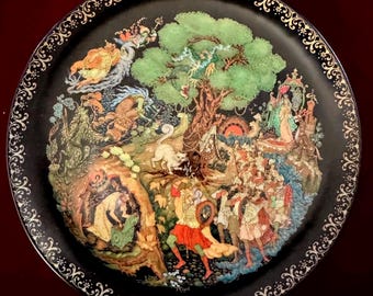 Machen Sie ein ANGEBOT! Vintage Lukomorye Sammelteller – Palekh Kunst, Puschkin Märchen, UDSSR Porzellan (1989)